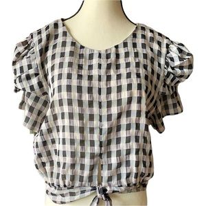 NWT Free People sz XL Dulce Black/White Checked Tie Front Top